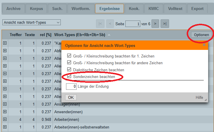 Aufruf der Optionen der Ansicht nach Wort-Types